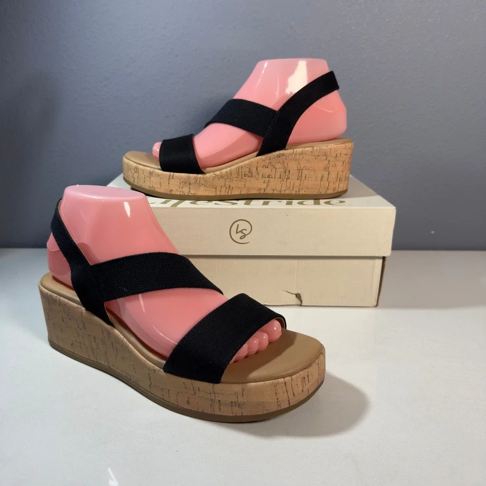 LifeStride Odette Wedge Sandals Womens 8 Black New Canvas Cork Platform Comfort